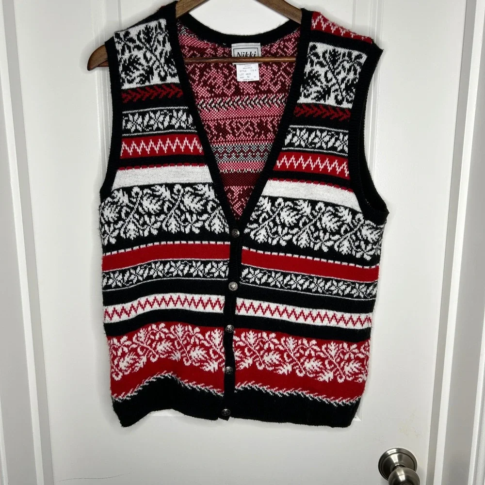 Nikki Women's M Geometric Fair Isle Ugly Christmas Sweater Vest Black‎ Red White